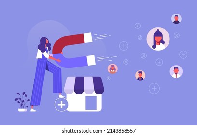 Promotion in social networks and customer acquisition, attracting users and customers, woman with big magnet getting new clients and users for business