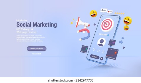 Promotion in social networks, development of a brand, page, website or store. 3D smartphone with elements of social networks and SMM tools to achieve goals. Web promotion online. Vector 3D banner