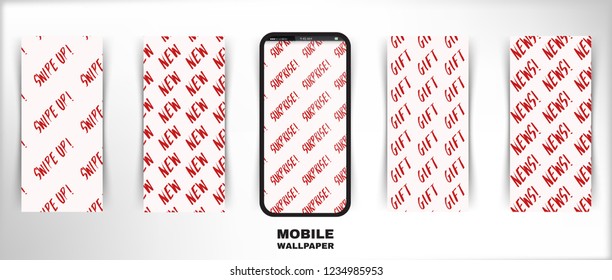Promotion in social networks. Web application background for social media marketing. Text: New, news, swipe up, surprise, gift. 