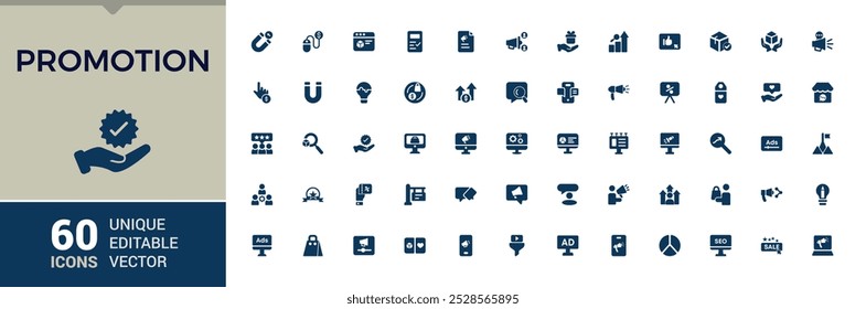 Promotion solid Icons Set. Relatate to Sales, and Commerce, Labels, Gift Cards and New Arrivals. Editable filled icon collection. Pixel perfect, Vector illustration.