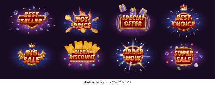 Promotion or special offer, isolated set of best sellers labels for products in shop or deals in casino. Vector realistic set, trumpet and stars, presents and crown, diamonds and gold coins