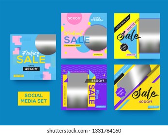 Banner de promoción cuadrado para aplicaciones móviles de medios sociales. Venta y descuento de antecedentes promocionales con patrones abstractos. Diseños de correo electrónico y boletines informativos. Combinaciones de colores brillantes y vibrantes