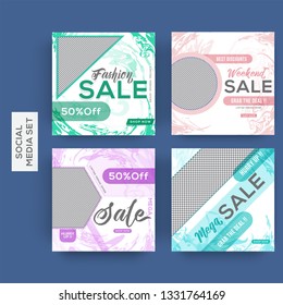 Promotion square web banner set for social media mobile apps. Sale and discount promo backgrounds with abstract patterns. Email ad newsletter layouts. Bright and vibrant color combinations