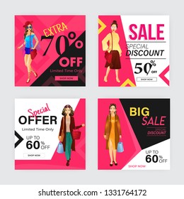Banner de promoción cuadrado para aplicaciones móviles de medios sociales. Venta y descuento de antecedentes promocionales con patrones abstractos. Diseños de correo electrónico y boletines informativos. Combinaciones de colores brillantes y vibrantes
