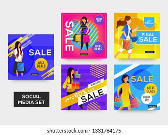 Banner de promoción cuadrado para aplicaciones móviles de medios sociales. Venta y descuento de antecedentes promocionales con patrones abstractos. Diseños de correo electrónico y boletines informativos. Combinaciones de colores brillantes y vibrantes
