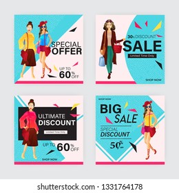 Promotion square web banner set for social media mobile apps. Sale and discount promo backgrounds with abstract patterns. Email ad newsletter layouts. Bright and vibrant color combinations