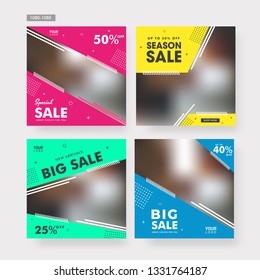 Banner de promoción cuadrado para aplicaciones móviles de medios sociales. Venta y descuento de antecedentes promocionales con patrones abstractos. Diseños de correo electrónico y boletines informativos. Combinaciones de colores brillantes y vibrantes