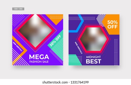 Promotion Square Web Banner Set für Social Media Mobile Apps. Verkaufs- und Rabattgrundlagen mit abstrakten Mustern. E-Mail- und Newsletter-Layouts. Helle und lebendige Farbkombinationen
