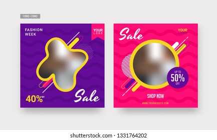 Promotion square web banner set for social media mobile apps. Sale and discount promo backgrounds with abstract patterns. Email ad newsletter layouts. Bright and vibrant color combinations