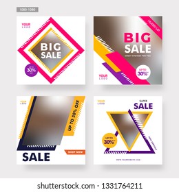 Banner de promoción cuadrado para aplicaciones móviles de medios sociales. Venta y descuento de antecedentes promocionales con patrones abstractos. Diseños de correo electrónico y boletines informativos. Combinaciones de colores brillantes y vibrantes