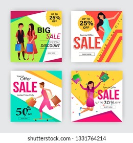 Banner de promoción cuadrado para aplicaciones móviles de medios sociales. Venta y descuento de antecedentes promocionales con patrones abstractos. Diseños de correo electrónico y boletines informativos. Combinaciones de colores brillantes y vibrantes