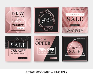 Promotion square web banners. Elegant abstract sale backgrounds. Trendy golden rose pattern. Layout templates for social media, mobile apps or banner design.