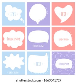 Promotion square web banners for social media mobile apps. Promo backgrounds with speech bubbles. Editable templates for social networks posts. Social media pack. Vector stock illustration.