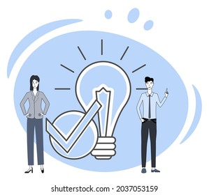 Promotion of a startup.Search for ideas and brainstorming.People on the background of an electric light bulb.Flat vector illustration.