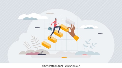 Promotion steps climbing as successful career growth tiny person concept. Employee evolution and position improvement with financial growth vector illustration. Businessman progress determination.