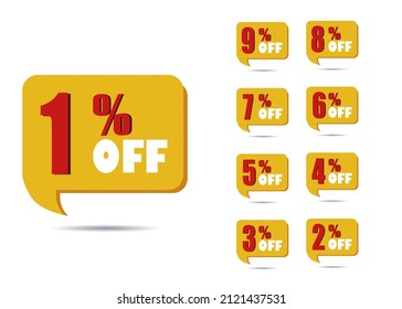 Promotion sticker. Yellow discount label with 1%, 2%, 3%, 4%, 5%, 6%, 7%, 8%, and 9% off, shadow at bottom and transparent background