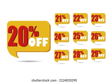 Promotion sticker. Yellow discount label with 20%, 21%, 22%, 23%, 24%, 25%, 26%, 27%, 28% and 29% off, shadow at bottom and transparent background