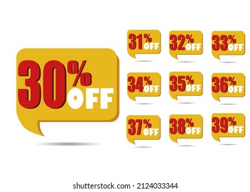Promotion sticker. Yellow discount label with 30%, 31%, 32%, 33%, 34%, 35%, 36%, 37%, 38%, and 39% off, shadow at bottom and transparent background