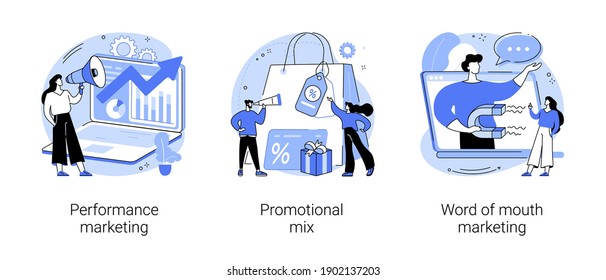 Promotion strategy abstract concept vector illustration set. Performance advertising campaign, promotional mix, word of mouth marketing, referral sales, brand loyalty, referral sale abstract metaphor.