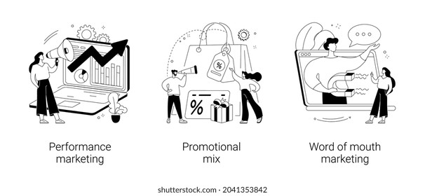 Promotion strategy abstract concept vector illustration set. Performance advertising campaign, promotional mix, word of mouth marketing, referral sales, brand loyalty, referral sale abstract metaphor.