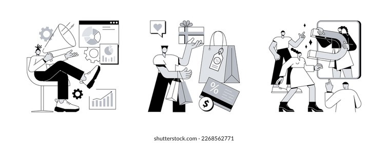 Promotion strategy abstract concept vector illustration set. Performance advertising campaign, promotional mix, word of mouth marketing, referral sales, brand loyalty, referral sale abstract metaphor.