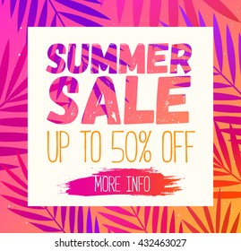 Promotion summer sale banner template. Vector summer background poster with red palm leaf design for print or web.