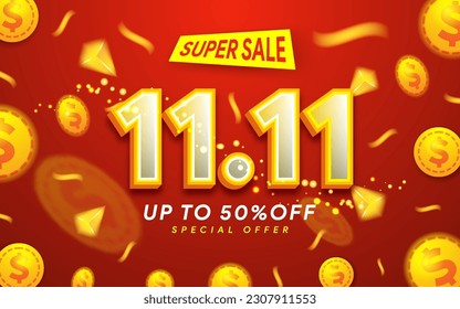 Promotion Super 11.11 Sale Banner discount design for Newsletter Poster Web Vector Illustration sale special up to 50% off