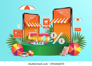 Promotion template for 50% off online shopping with a smartphone application in the concept of summer holiday sale,smartphone store and sale 50% text for discount concept