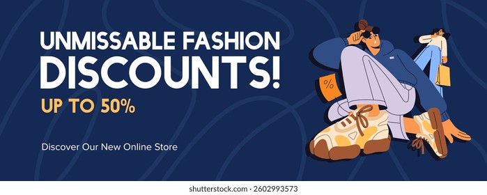Promotion template of sale in online fashion store. Design of advertising banner of discounts, special offers, price off in clothes shop, market. Ad of retail purchases. Flat vector illustration.