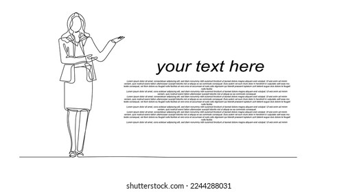 promotion template woman holding presentation board with one line concept. continuous line of presentation woman. text replaceable business promotion template