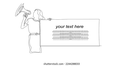 promotion template woman holding presentation board with one line concept. continuous line of presentation woman. text replaceable business promotion template