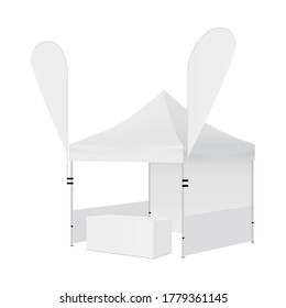 Tienda de promoción con banderas colgantes y mesa de demostración para eventos comerciales. Ilustración del vector