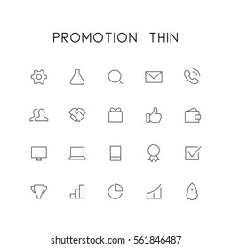 Promotion thin icon set - pinion, tube, search, envelope, telephone, clients, handshake, gift, wallet, mobile phone, check mark, rocket and others simple vector symbols. Business and success signs.