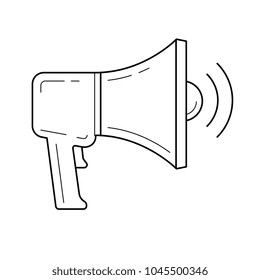 Promotion through a loudspeaker vector line icon isolated on white background. Megaphone line icon for infographic, website or app.