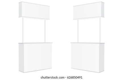 Promotion trade counter stand mockup for design, branding, marketing projects. Point-of sale isolated on white background. Vector illustration