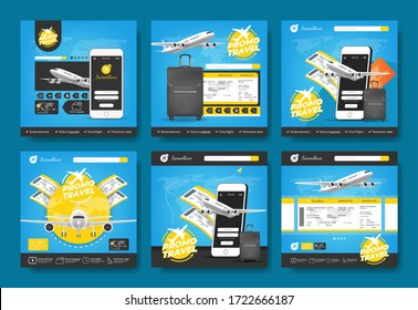 Promotion Travel Holidays banner with mobile phone and website for book Plane Ticket Online, Boarding pass, Check departure. Banner Promotion background concept. Vector Illustration