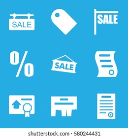 promotion vector icons. Set of 9 promotion filled icons such as sale tag, bill of house sell, bill of house, ad, tag, percent