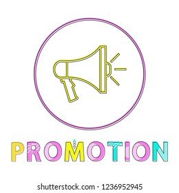 Promotion vector illustration in linear outline style. Loudspeaker graphic symbol, gadget concept and website design simple line symbol in circle