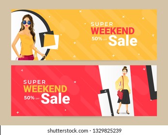 Promotion web banner. Sale and discount promo backgrounds with abstract patterns and beautiful girl illustrations. Email ad newsletter layouts. Bright and vibrant color combinations.