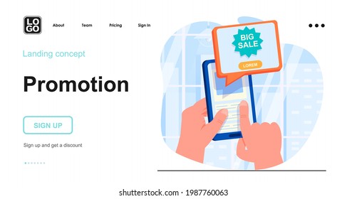 Promotion web concept. Customer sees advertisement for big sale on smartphone screen. Marketing tool. Template of people scene. Vector illustration with character activities in flat design for website