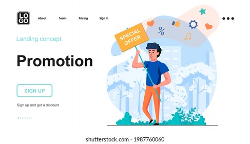 Concepto web de promoción. El hombre sostiene un anuncio de oferta especial y de venta, atracción de los compradores. Plantilla de escena de personas. Ilustración vectorial con actividades de carácter en diseño plano para sitio web