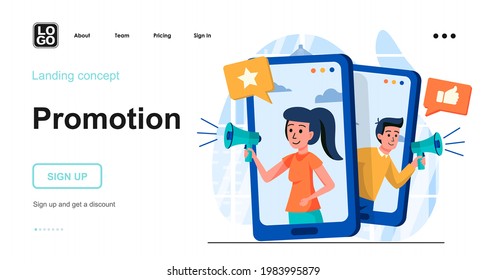 Promotion web concept. Woman and man attracting new customers, advertising in social networks. Template of people scenes. Vector illustration with character activities in flat design for website