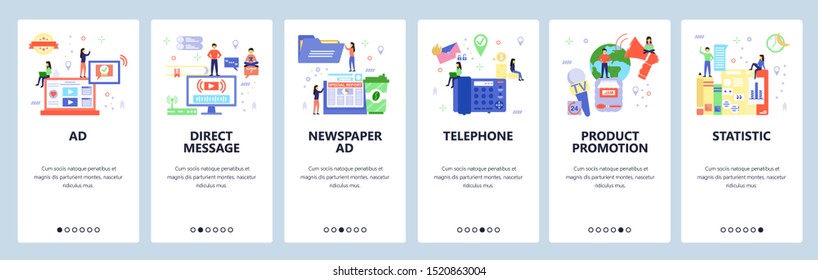 Promotion web site and mobile app onboarding screens. Menu banner vector template for website and application development. Flat style design.