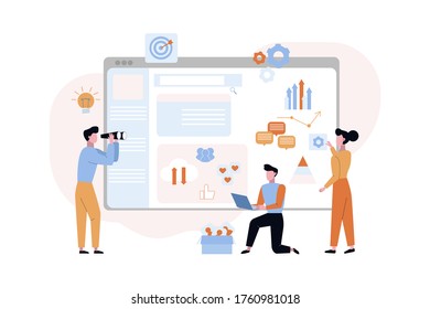 Promotion website debugging concept. Seo marketers programmers connect analyze corporate website configure contextual advertising edit update information on main page. Vector cartoon style.