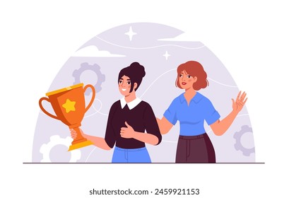 Förderung bei der Arbeit Konzept. Boss geben goldene Trophäe an Untergebene. Leistung und Motivation. Ehrgeiz und Führung, Karriere. Cartoon flache Vektorillustration isoliert auf weißem Hintergrund