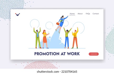 Promotion at Work Landing Page Template. Businesswoman Takes Off with Jet Pack. Great Start, Career Boost or Fast Business Growth Concept. Office Worker with Rocket. Cartoon People Vector Illustration