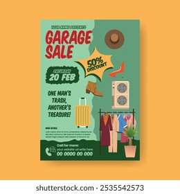 Promocional a4 imprimir folheto ou modelo de cartaz para cartaz de venda de garagem, cartaz de venda de garagem, design de folheto de mercado de pulgas com móveis vintage desenhados à mão, elementos interiores ilustração fundo