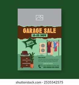 Promocional a4 imprimir folheto ou modelo de cartaz para cartaz de venda de garagem, cartaz de venda de garagem, design de folheto de mercado de pulgas com móveis vintage desenhados à mão, elementos interiores ilustração fundo