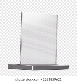 Promotional acrylic display stand realistic mockup. Clear square plexi stand on transparent background mock-up