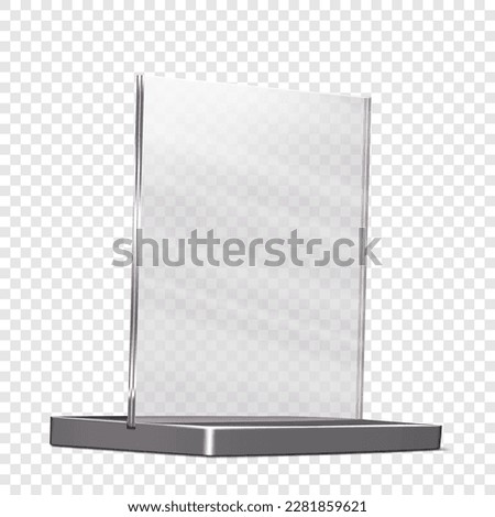Promotional acrylic display stand realistic mockup. Clear square plexi stand on transparent background mock-up